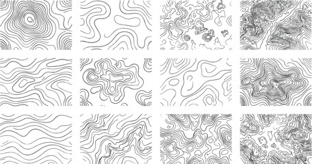 Abstract topographic contour line collection, geographic map texture pattern set, modern monochrome vector illustration, isolated white background design © Creative Vector Work