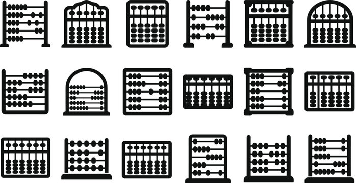 Abacus calculator icon collection, counting math education symbols set, vector illustration bundle design graphics arithmetic learning tools