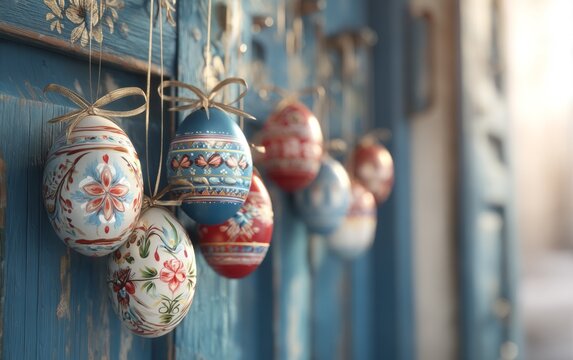 Handpainted Ukrainian Pysanka Eggs Hanging on a Rustic Door in Chris