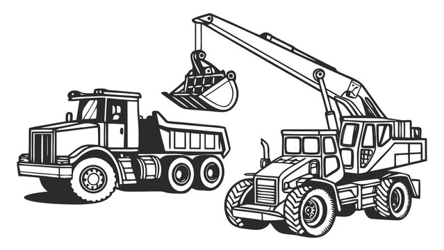 Heavy duty construction truck and industrial machinery vector illustration isolated on white background for transport building and excavation industry concept