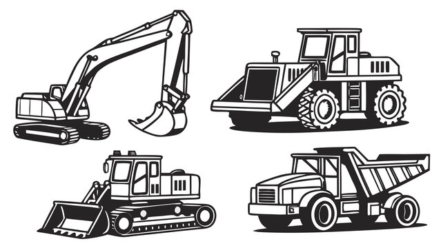 Excavator and truck construction machinery isolated on white background, heavy industrial equipment for building and transport