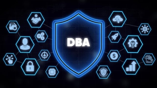 Dba database administrator concept: digital shield with cyber security network desi