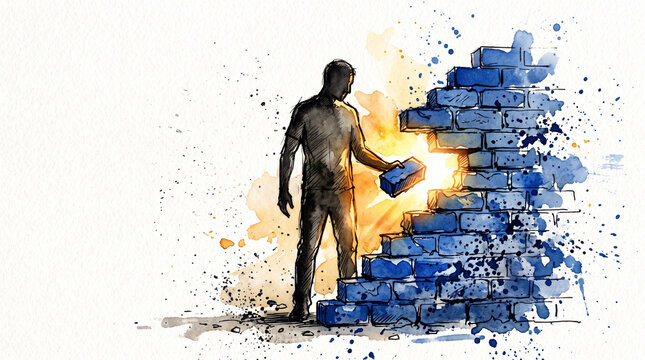 Blue amber watercolor ink figure removing brick from wall, representing mental health vulnerability, opening up for connection, letting light in and emotional courage concept