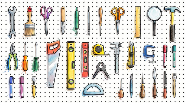 Colorful watercolor ink tool pegboard with diverse tools, representing HR diverse skill sets, every skill having a place, talent variety and workforce capability concept