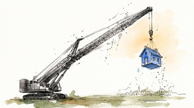 Blue amber watercolor ink crane lifting tiny house, representing business scaling, growing beyond current size, ambitious expansion and entrepreneurial elevation concept