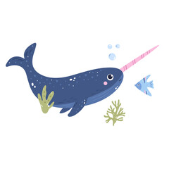 Cute cartoon narwhale and fish swimming underwater, minimalist flat design illustration. © danceyourlife