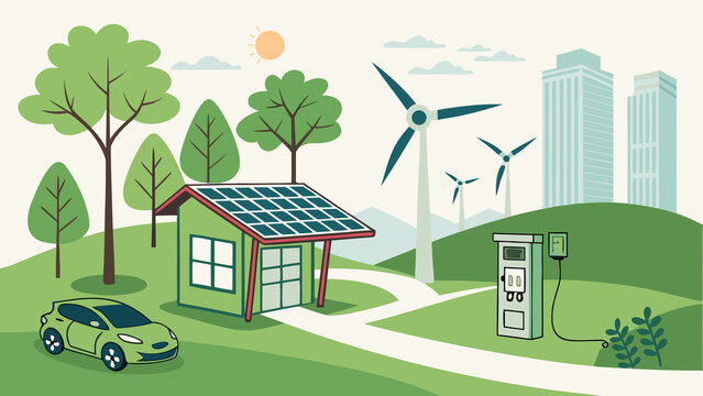 Eco city landscape with wind power station, wind turbines and solar panels, sustainable green energy urban architecture and nature environment vector illustration