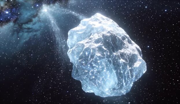 Glowing icy asteroid space rock shines deep cosmos void with frozen crystal surface detail floating along dark star field fantasy background as crystal asteroid fragment drifts across deep space glow