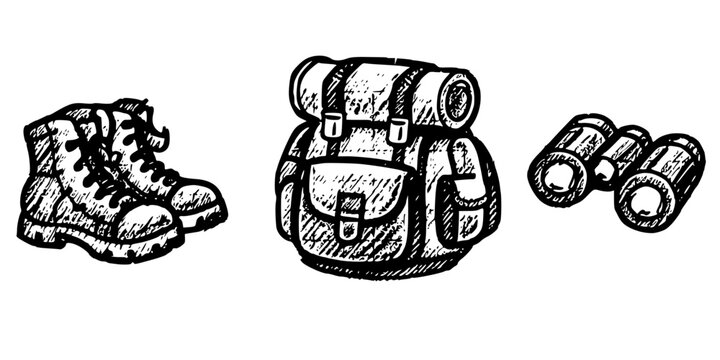 Backpack drawing, Detailed drawing of a backpack with straps and pockets.