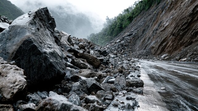 Mountain road blocked and damaged by massive rockfall and landslide in a misty, rugged valley
