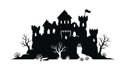 Helloween Black silhouette haunted castle, medieval fortress, spooky landscape, vector icon vector © Md