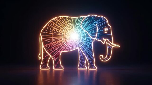 Neon elephant silhouette with radial light patterns