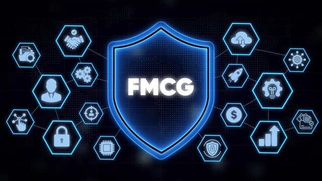 Fmcg fast moving consumer goods concept with digital shield and network animation security