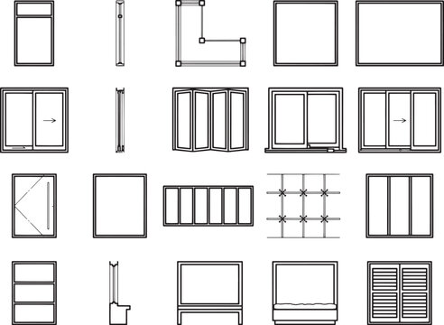 Collection of diverse window designs, architectural blueprints, and framing variations, showcasing various styles and opening mechanisms for modern buildings.