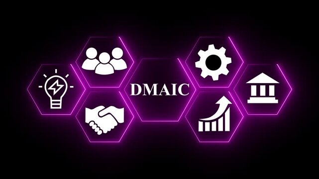 DMAIC Artificial intelligence agents network connecting diverse business functions including security.  pink color icon on black background.