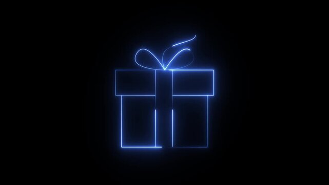  Outline Neon  Blue light motion Gift Box Icon with Bow on Dark Background. 