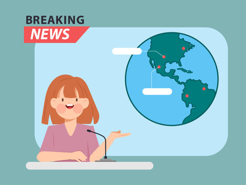 Newscaster woman announcing news character. Vector cartoon people design.