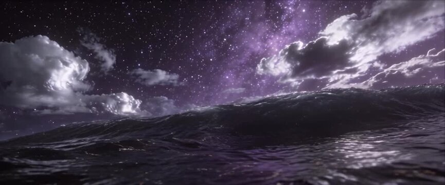 Night sky ocean wave water star space purple galaxy cosmic cloud horizon fantasy surreal dream landscape, cosmic ocean night sky star galaxy reflection, tranquil celestial water surface serene