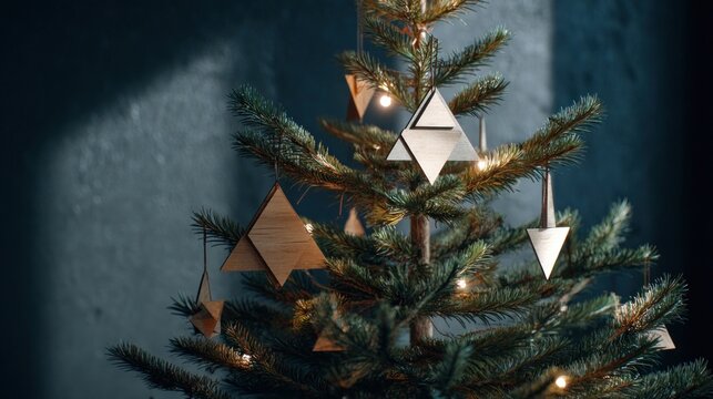 A small, minimalist Christmas tree decorated only with white lights and simple geometric wooden ornaments,