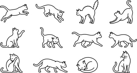 Cat Poses Line Icon Vector Set Featuring Feline Characters Jumping Stretching Walking Grooming Sleeping and Stalking Isolated on White Background for Pet Layouts © Mst