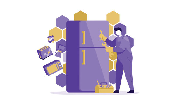 Professional technician repairs a large kitchen refrigerator with tools to ensure home appliance functionality for residential maintenance services.