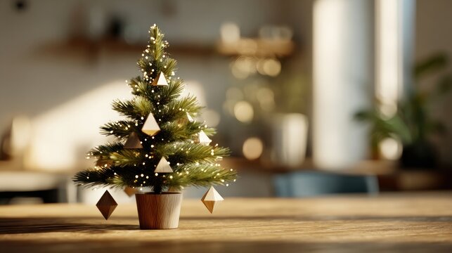 A small, minimalist Christmas tree decorated only with white lights and simple geometric wooden ornaments,