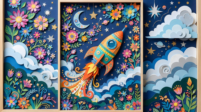 Colorful paper art rocket ship flying in a floral night sky