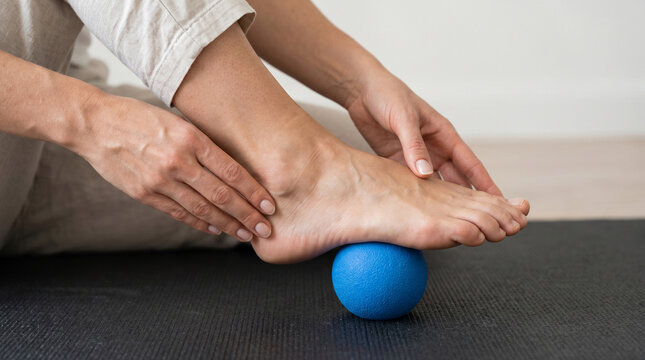 Close-up of a person performing a self-foot massage with a blue therapy ball for pain relief and wellness on a mat
