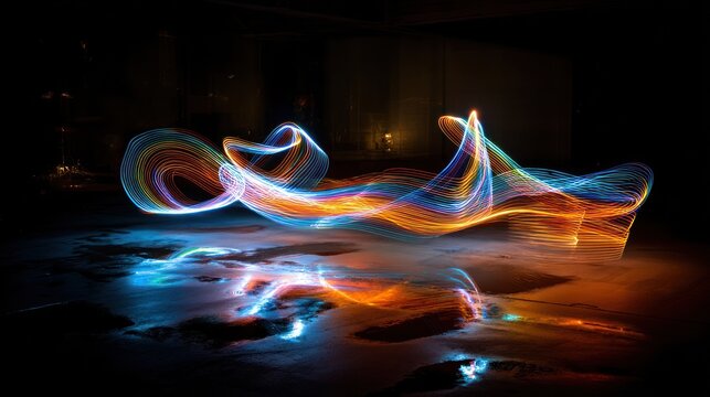 Abstract light painting with rainbow colors on wet surface