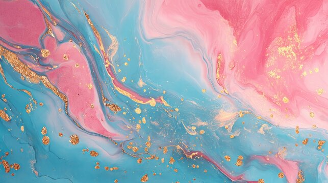 Abstract marble texture with pink blue and gold swirls