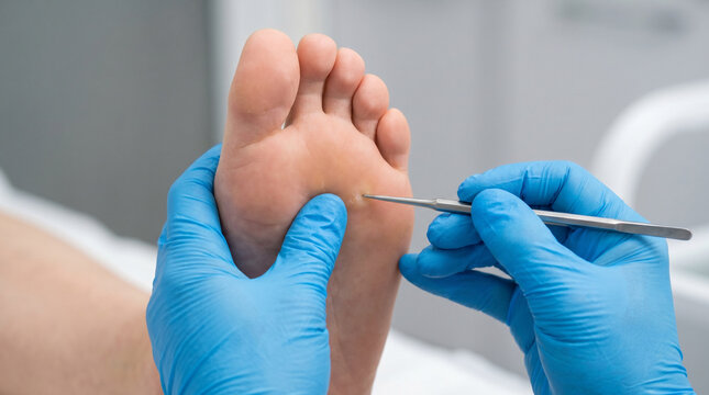 A podiatrist examines a patient's foot for a plantar wart or callus using a specialized medical instrument