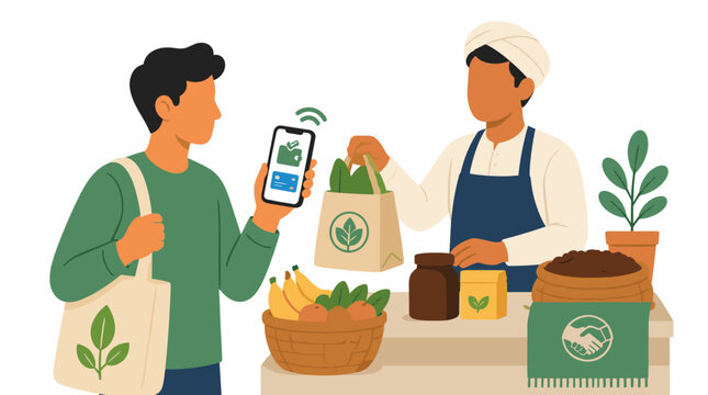 Customer paying for groceries at a market stall.