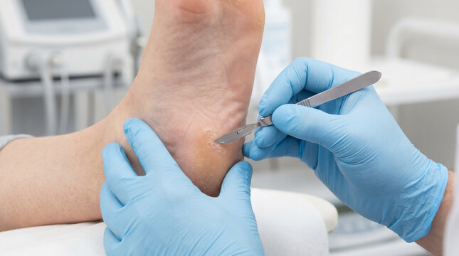 Gloved podiatrist's hands using a scalpel to remove calluses from a patient's foot. Professional medical foot care treatment