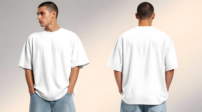White t-shirt mockup, man and oversized clothing with studio background for apparel branding, fashion design and streetwear. Male model, cotton fabric and blank apparel in outfit for merch store