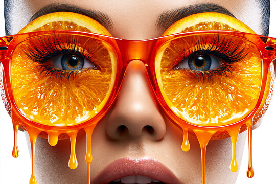 Gros plan surr&eacute;aliste du visage d'une femme portant des lunettes de soleil aux verres en tranches d'orange juteuses. Des gouttes de jus ruissellent sous une lumi&egrave;re d'&eacute;t&eacute; sur fond blanc