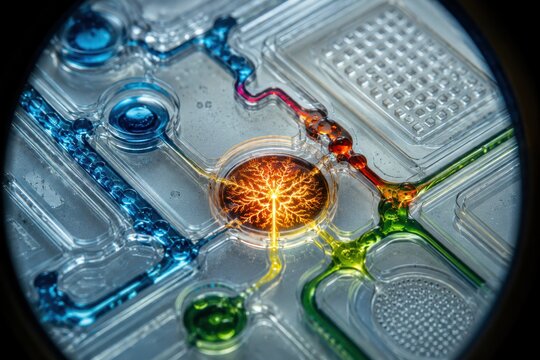 Macro view of a transparent lab-on-a-chip microfluidic device with intricate channels carrying multicolored glowing chemical reactions beneath a laboratory microscope.
