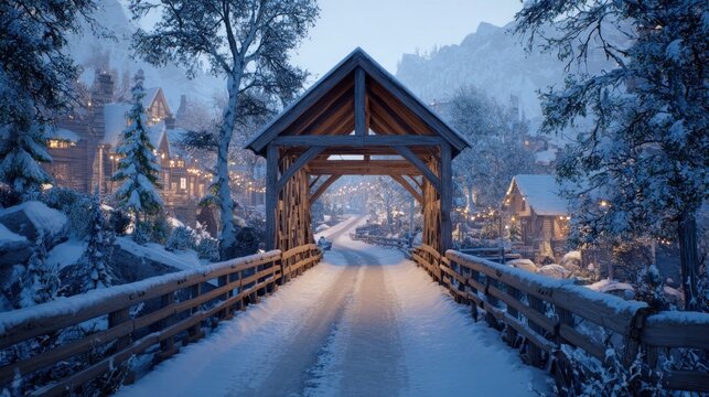 A snow-covered bridge leading to a quaint village during the holidays,