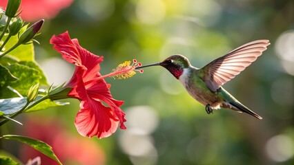 Fototapeta premium Hummingbird feeding on a red flower in nature