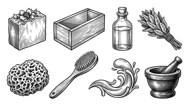 Vintage Engraving Spa and Organic Cosmetic Set with Handmade Soap Essential Oil Mortar and Herbs