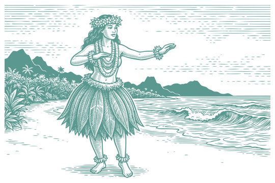 Vector engraving illustration of a beautiful Hawaiian woman dancing hula on the beach. Vintage tropical island landscape with ocean waves and mountains.
