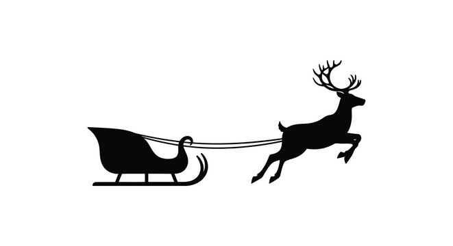 Reindeer pulling a sleigh black silhouette against a white background