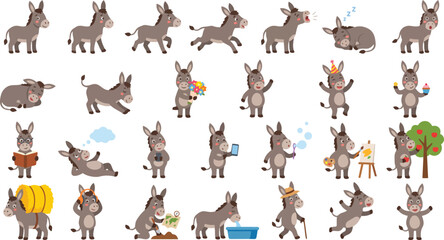 Fototapeta premium Cute Donkey Cartoon Activity Set Farm Animal Vector Collection
