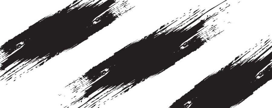 Abstract grunge background with multiple diagonal black paint brush strokes on a white backdrop. Modern textured dynamic stripes pattern for panoramic banners and headers.