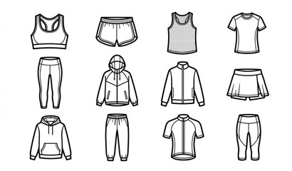 Minimalist activewear icons vector set bold line art sports gym clothing black and white © Rajib