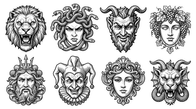 Vintage Engraving Style Collection of Mythological Heads and Creatures, Including Medusa, Poseidon, Lion, Jester, and Satyr Vector Illustration