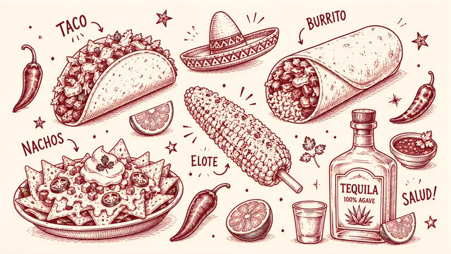 Vintage Mexican food illustration set, hand drawn taco and burrito sketches, rustic elote and nachos menu graphics, tequila bottle and sombrero art isolated on White Background ai