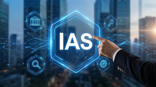 Hand pointing at IAS digital icon in futuristic business interface with city skyline background