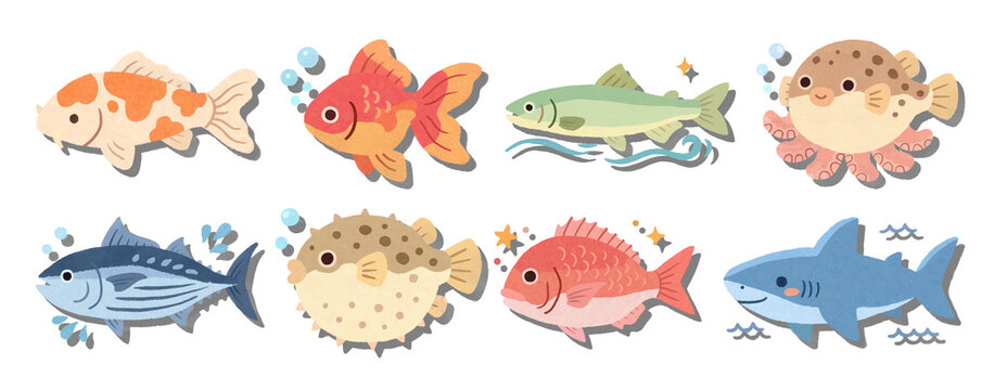 Cute fish sticker set in kawaii doodle style, collection of various sea creatures and aquarium fishes including koi, goldfish, pufferfish, tuna, and shark.
