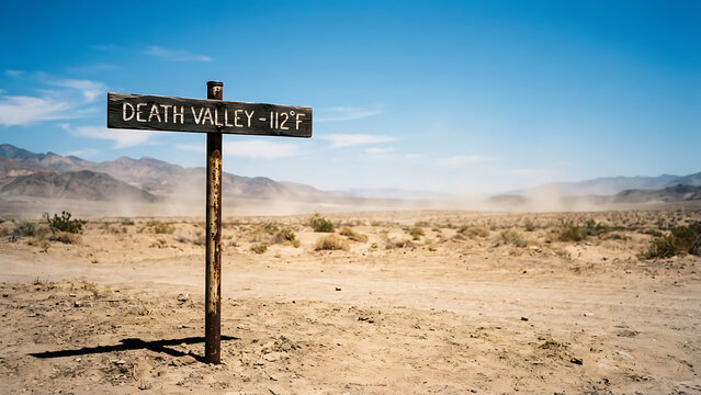 Wooden signpost indicating Death Valley 112 degrees Fahrenheit in a dry desert. Extreme summer heat and arid landscape under a blue sky. Travel and climate change concept