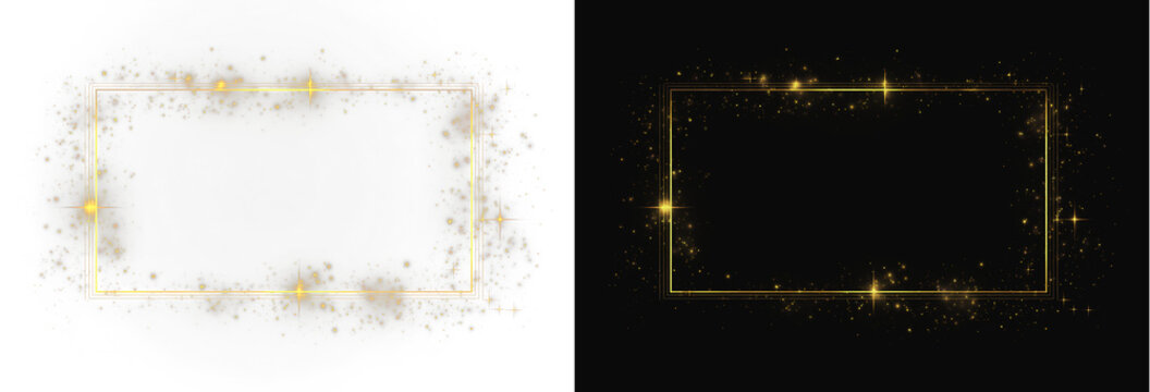 Golden rectangular glowing frame with shiny star flashes and glitter particles on black and white background